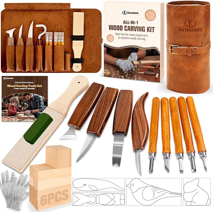Wood Carving Kit, 24Pcs Wood Carving Tools with PU Storage Bag, Wood Whittling Knife Kit with 4pcs Templates & 6pcs Basswood Blocks for DIY Beginners