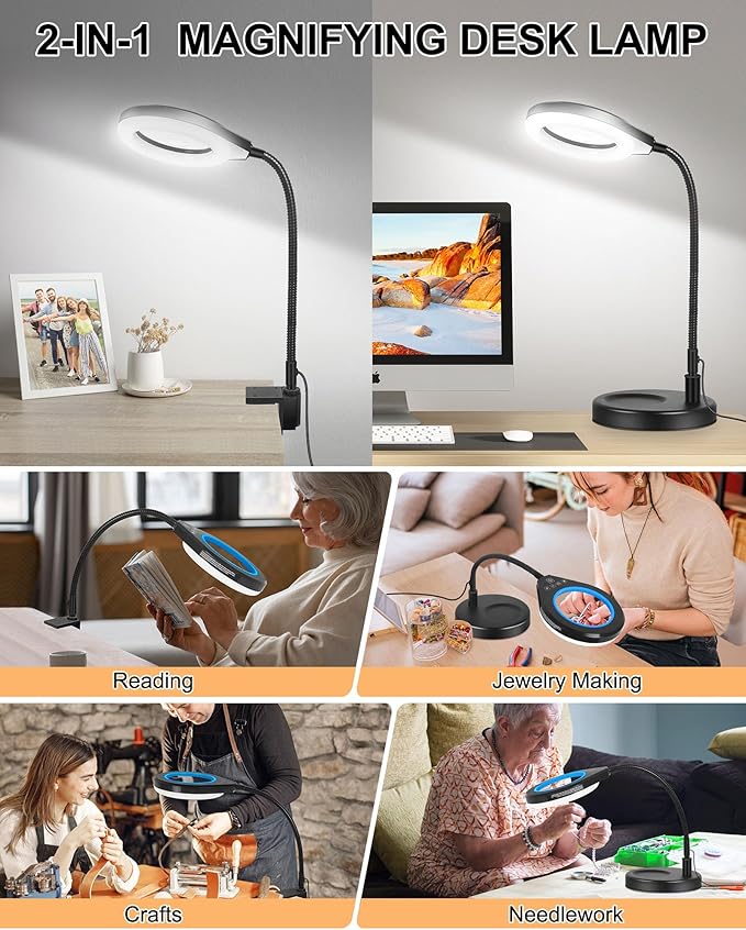 Flexible Gooseneck 2-in-1 Magnifying Glass with Light and Stand,10x & 5x Real Glass Lens Magnifying Lamp, 5 Color Stepless Hands-Free LED Desk Lamp with Clamp for Painting, Crafts, Reading (Blue)