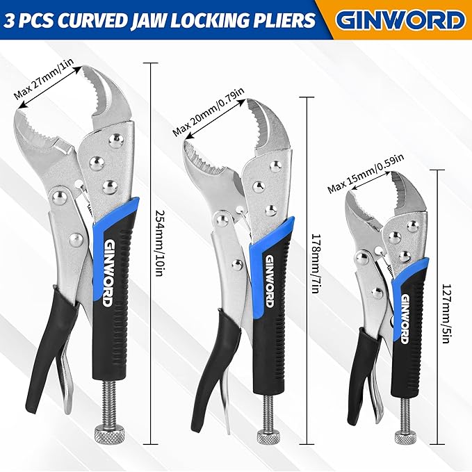 Vice Grips Pliers Set, 6-Piece Locking Pliers Set, 6-1/2"& 9-1/2"Needle Nose Vise Grips, 5"&7"&10" Curved Jaw Vise Grip Tools, 6" C-clamp Locking Plier with Rolling Pouch