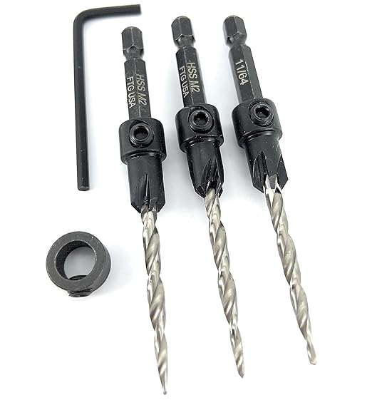 FTG USA Countersink Drill Bit Set for Wood with Tapered Drill Bit 3 Pc #8 (11/64")