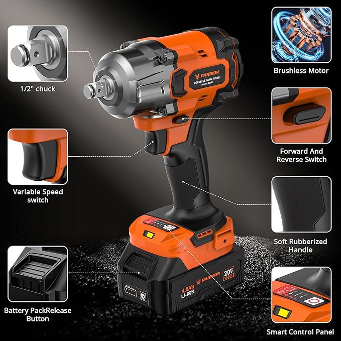 Impact Wrench with 3-Speed Torque Settings (380/600/900N.m),1/2 Impact Gun Chuck & 3/8" Adapter,4Ah Battery & 2.0Ah Fast Charger,Power Tool Kits for Impact Drill,Heavy-Duty Tasks