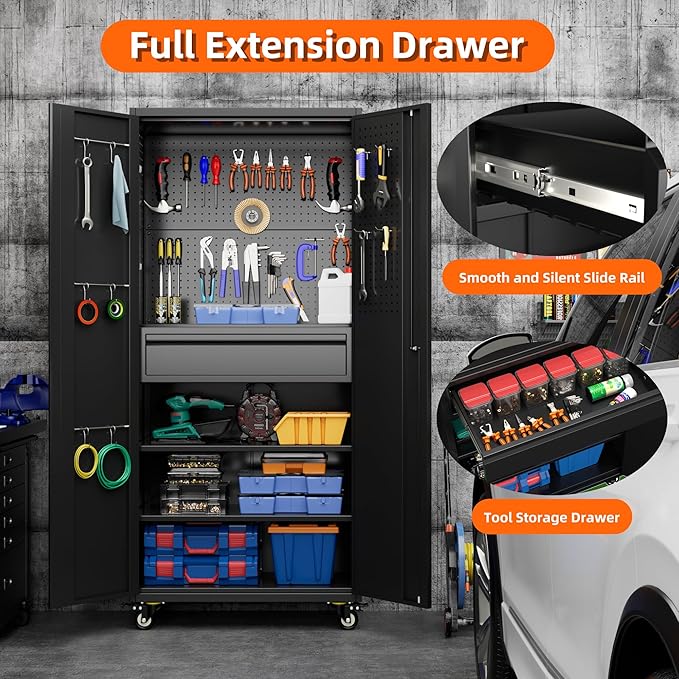 Metal Garage Storage Cabinet with Wheels and Doors,71" H Rolling Tool Cabinet with Pegboard and Drawer for Garage Warehouse Home,Required Assembly,Black