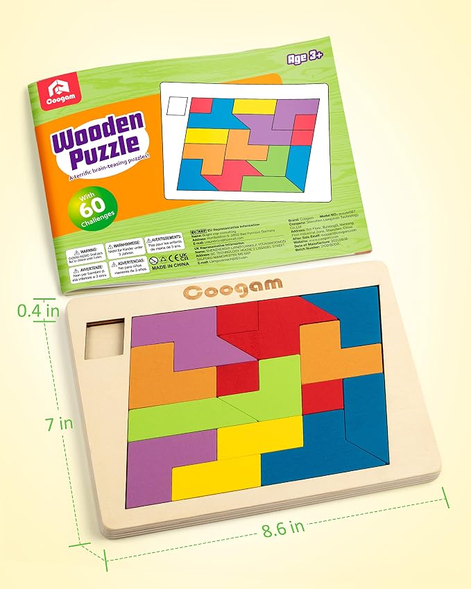 Coogam Wooden Puzzle Blocks Geometric Tangram Brain Teasers Jigsaw 3D Logic IQ - Image 7