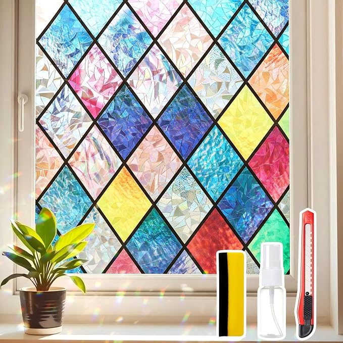 Window Privacy Film Stained Glass 35.4" x 157.4" Rainbow | Static cling – no by Unknown