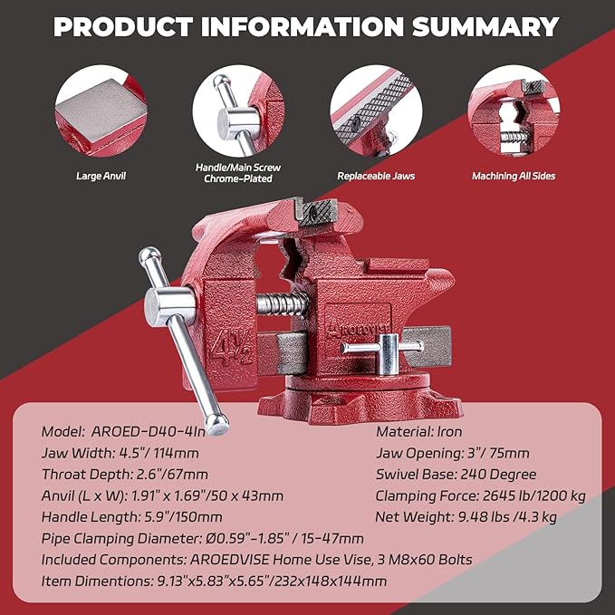 Home Vise 4-1/2" Jaw Width Bench Vise with a 3 Inch Jaw Opening Home Vise for Woodworking, Drilling, Cutting Cast Iron Red