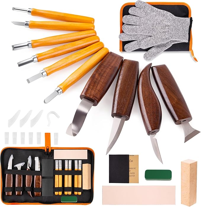 Wood Carving Tools Kit for Beginners, 4 Knives, 6 Chisels, Leather Strop, Wax, Sandpaper, Basswood & Safety Gloves - Complete Starter Set with Storage Bag, Whittling Tool Kit for DIY Woodworking