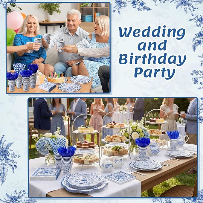 450 Pcs Blue Floral Tableware Set Decorations Blue White Chinoiserie Floral - Image 4