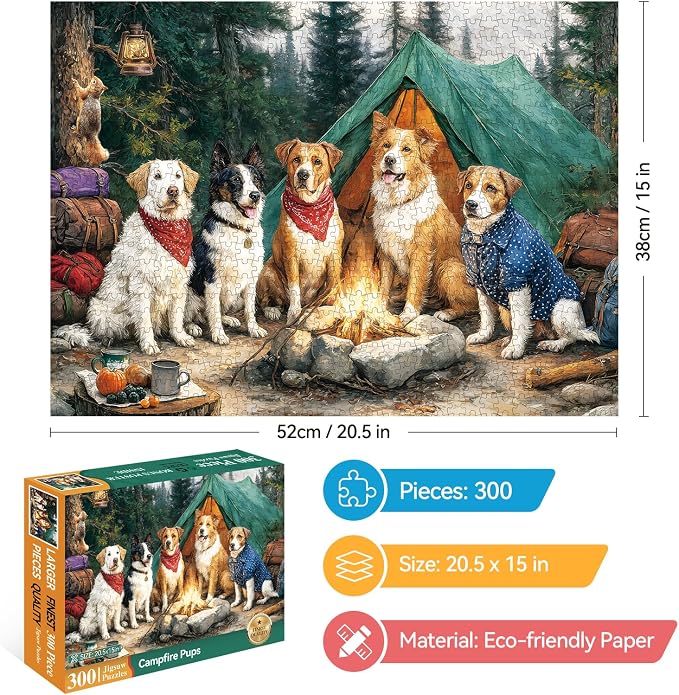 300 Piece Puzzles for Adults Large Piece, Dogs Forest Campfire Camping Jigsaw - Image 2