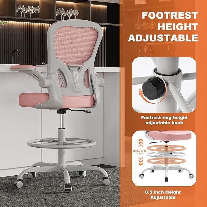 Ergonomic Drafting Chair, Tall Office Chair with Flip-up Armrests, Breathable Mesh High Desk Chair with Lumbar Support Adjustable Footrest Ring for Standing Desk Pink
