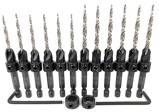 FTG USA 6 Pc #6 (9/64"), 6 Pc #8 (11/64") Countersink Drill Bit Set with Depth Stop Collar, Hex Wrench - Tapered Drill Bits for Wood