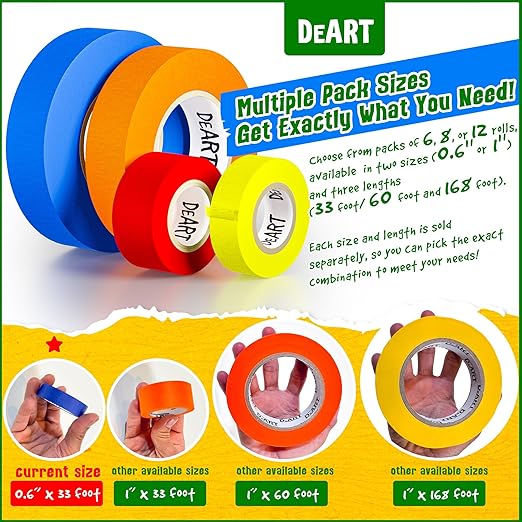 Colored Masking Tape Painters Tape 12 or 8 Pack 1 inch or 0.6 Inches Kids Arts - Image 3