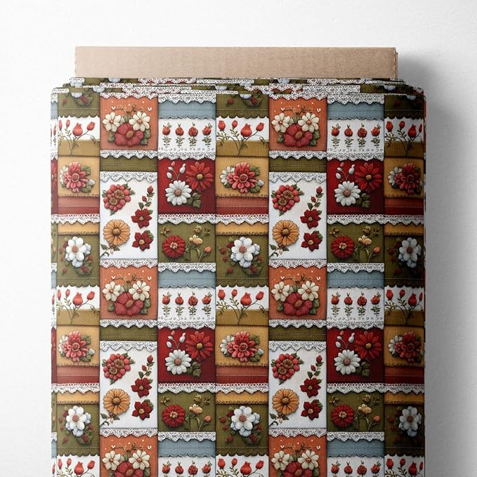 Patchwork Floral Cotton Fabric Panel 61 x 36.6 Inches, Vintage Quilt Style by FabricsTown