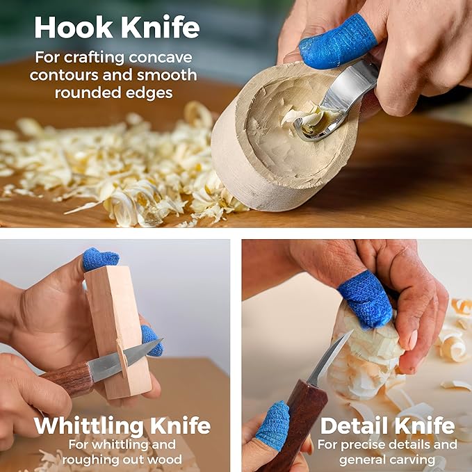 Beginner-Friendly Wood Carving Kit, 3pc Whittling Knife Set with Wood Carving Knives, Spoon Carving Knife, Basswood Blocks, & Fun Learning Videos, Wood Whittling Kit for Beginners from Schaaf Tools