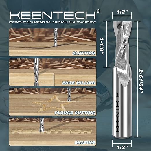 KEENTECH 1/2" Shank Upcut 2 Flute Flat Tip Sprial Router Bit for CNC Router Machine, 1/2" Cutting Diameter, 1-1/8" Cutting Depth, for Wood Cutting, Custom Furniture, Slot Mortise, Engraving, Carving