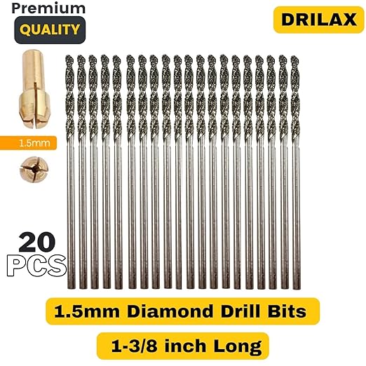 Diamond Drill Bits 1.5mm 20 Pieces Compatible with Dremel Collet Included Twist Tip Jewelry Beach Sea Glass Shells Gemstones Lapidary Ornament Bracelet Necklace Arts Crafts