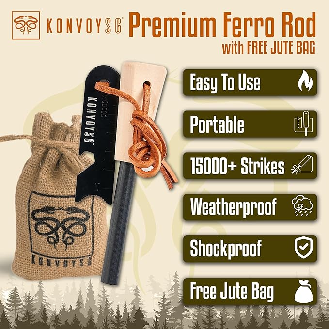 Fire Starter Survival Tool–Ferro Rod Fire Starter with 11" Waterproof Tinder Wick Rope, Multi-Tool Striker and Extra Jute Bag - All-in-One Flint and Steel Fire Starter Kit.
