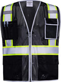 SKSAFETY 10 Pockets Safety Vest, Class 2 High Visibility Security with Zipper Double-sided mesh, Hi Vis Vest with Reflective Strips, ANSI/ISEA Standard, Construction Work Vest （Black, M）