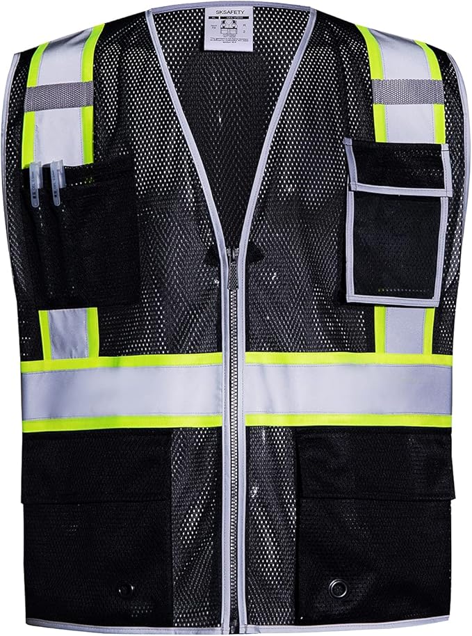 SKSAFETY 10 Pockets Safety Vest, Class 2 High Visibility Security with Zipper Double-sided mesh, Hi Vis Vest with Reflective Strips, ANSI/ISEA Standard, Construction Work Vest （Black, 5XL）