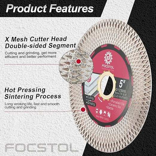 Diamond Tile Saw Blade - 5''(125mm) Cutting & Grinding Disc Wheel for Porcelain Ceramic Tile Marble Granite Artificial Stone with X Mesh Rim for Angle Grinder