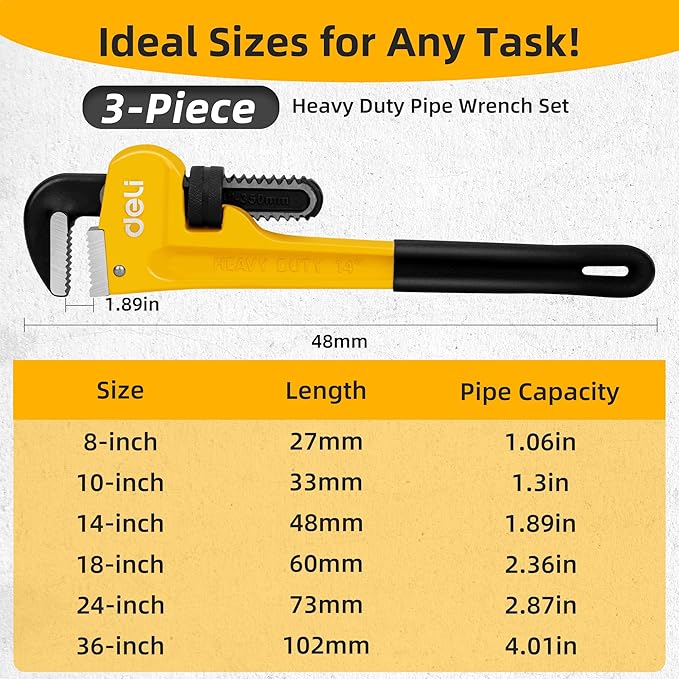 deli Pipe Wrench 24-inch, Heavy Duty Straight Adjustable Wrench, Professional Plumbing wrench tools, for Pipe, Home, Vehicle repair