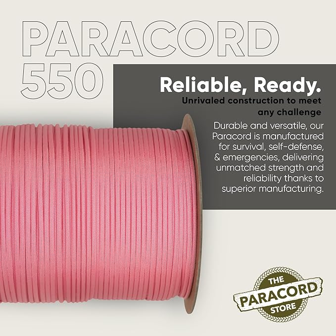 The Paracord Store | Type III 550 Paracord - 1000 FT Spool, Rose Pink | Heavy Duty 7 Strand Tactical Paracord - USA Made Nylon Outdoor Parachute Cord for Camping, Fishing & More - Survival Cord