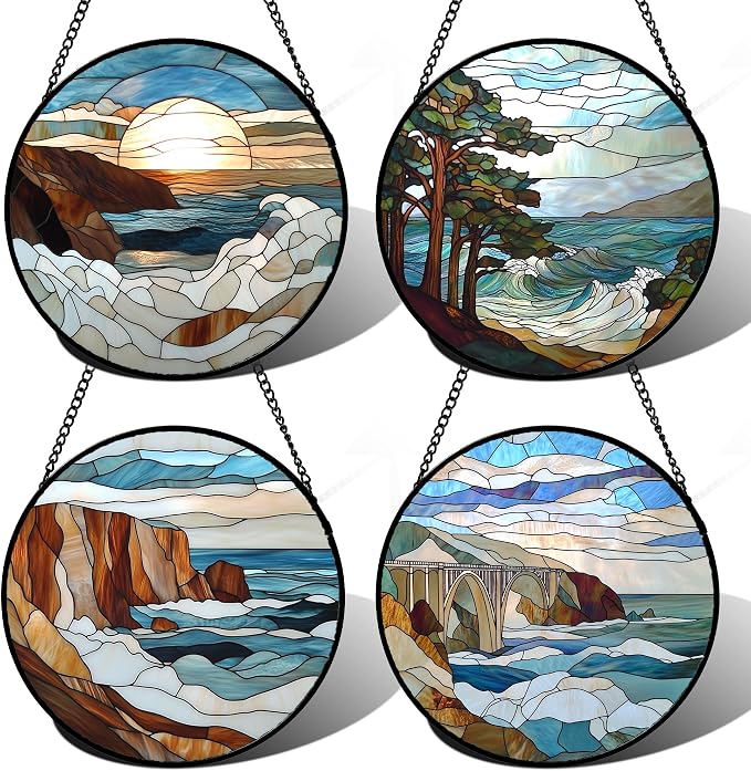 DASTOLL Stained Glass Window Hanging 4 Pcs Set Ocean Waves 7.8" by DASTOLL