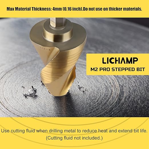 Lichamp Unibit Step Drill Bit for Metal, Genuine HSS M2 Drill Stepper Bit for Hard Metal Heavy Duty, 19 Sizes from 3/16" to 1-3/8", Spiral Grooved with Hex Drive, C2GD
