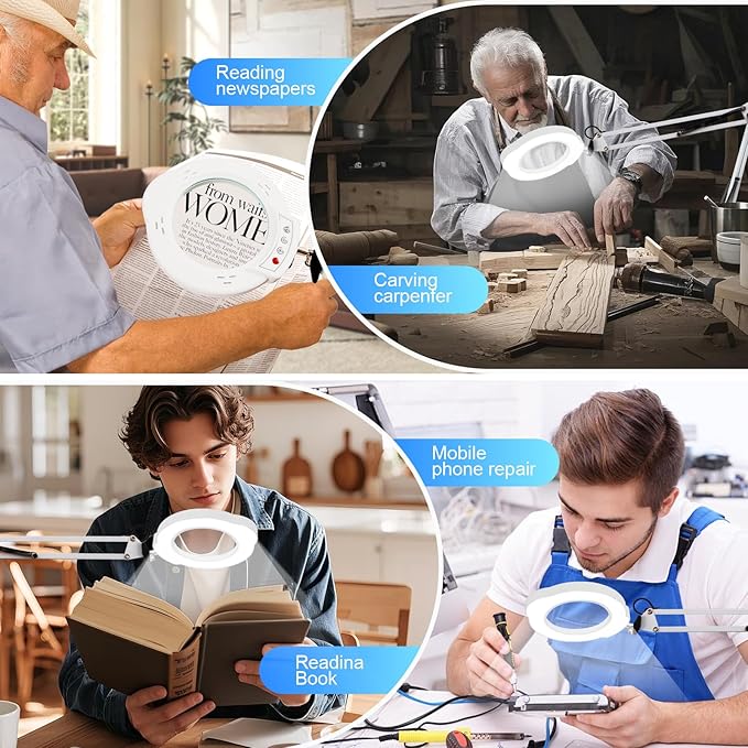 2-in-1 Desk Lamp & Clamp Light, 10X Magnifying Glass with Light and Stand, 5 Color Modes 10 Brightness Dimmable LED Desk Lamp,14.5inch Adjustable Swing Arm for Reading Crafts Painting Close (White)