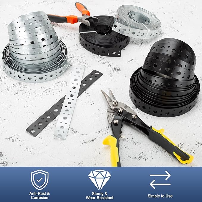 Galvanized Metal Strap 1-Inch x 50Feet, 23-Gauge Pipe Hanger Strap Metal Strapping with Holes Plumbers Strap DIY Cutting for Pipe Supports Hanging