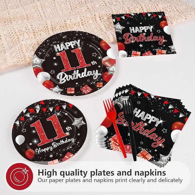 96Pcs Red and Black Party Decorations Happy 11th Birthday Plates and Napkins - Image 3
