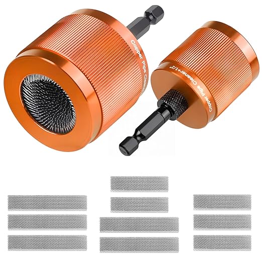1/2" & 3/4" Copper Pipe Cleaner Set for Drill, with 1/4" Hex Shank & 10 Brush Blades Plumbing Tools for Removing Rust, Stains & Paint from Copper & Metal Pipes (Orange)
