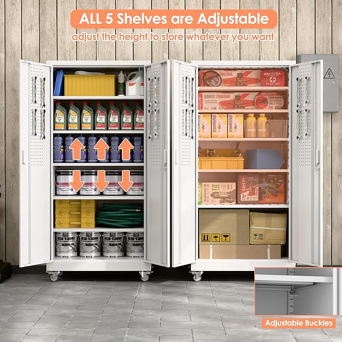 71" Metal Storage Cabinet with Wheels and Pegboard, Lockable Rolling Steel Storage Cabinet with 5 Adjustable Shelves and Door for Garage, Office, Kitchen, Assembly Required,White