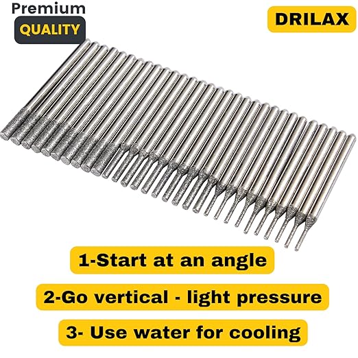 Drilax Diamond Drill Bits for Stone – 30-Piece Set (1mm, 2mm, 3mm) for Glass, Gemstones & Jewelry – 1/8-Inch Shank Compatible with Dremel Rotary Tools – Jewelry Making Supplies & Lapidary Kit