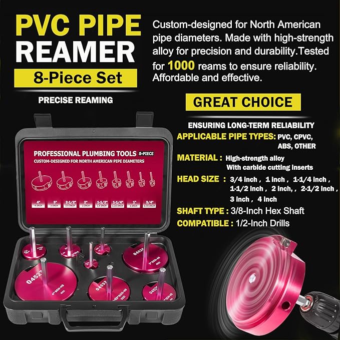 Premium 8Pcs PVC Pipe Reamer Kit - Complete Reamer Set, Fits Standard 1/2" Drills, Includes P3/4", 1", 1-1/4", 1-1/2", 2", 2-1/2", 3", 4" For Standard 1/2" Drills, Ideal for PVC, CPVC, ABS Pipes