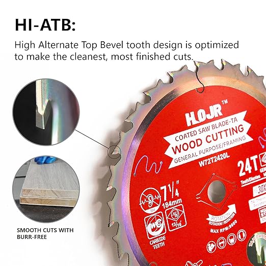 HOJR's 10-Piece Blade Set Features a Special Heat-Resistant Non-Stick Coating for Durability. Thin and Sharp, Suitable for framing and Ordinary Wood. W7-1/4 24-Tooth 5/8-inch - TA