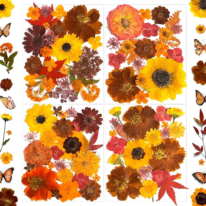 130Pcs Orange Fall Pressed Dried Flowers and Butterfly by LUCISKY