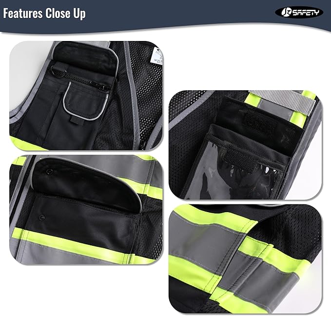 JKSafety 11 Pockets Hi-Vis Black Mesh Safety Vest for Men Women High Visibility Reflective Construction with Zipper Work Utility PPE Work Gear ANSI/ISEA compliant (102-Black XL)