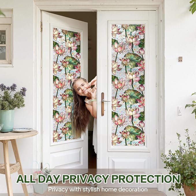 Stained Glass Window Film UV Resistant Window Privacy Film Lotus Floral Privacy - Image 3