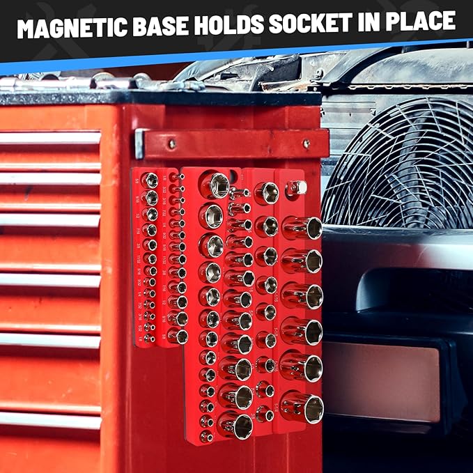 Magnetic Socket Organizer Set, 6pcs Metric SAE Magnetic Socket Holder Set Includes 1/4", 3/8", 1/2", Socket Trays Holds 143pcs Standard&Deep Size Sockets for Tool Box Drawers Tool Carts Mechanics