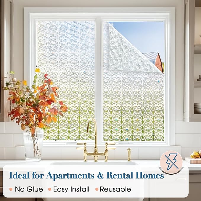 Windimiley 3D Diamond Frosted Glass Window Privacy Film, Static Cling No-Glue - Image 3