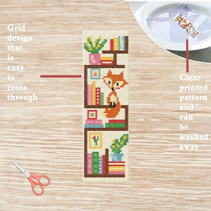 FREEBLOSS 6 Set Cross Stitch Bookmark Kits Fox Bookshelf Pattern Stamped - Image 3