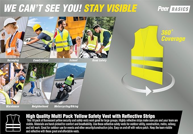 PeerBasics Safety Vest Bulk 12 Pack - Orange Reflective High Visibility, Men Women