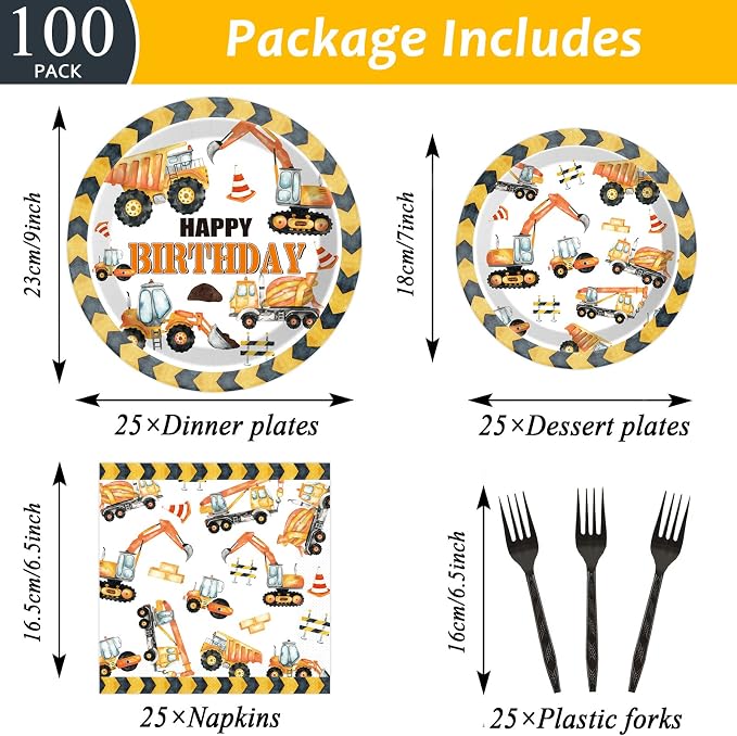 100 Pcs Construction Birthday Party Plates and Napkins Set Dump Truck Birthday - Image 2