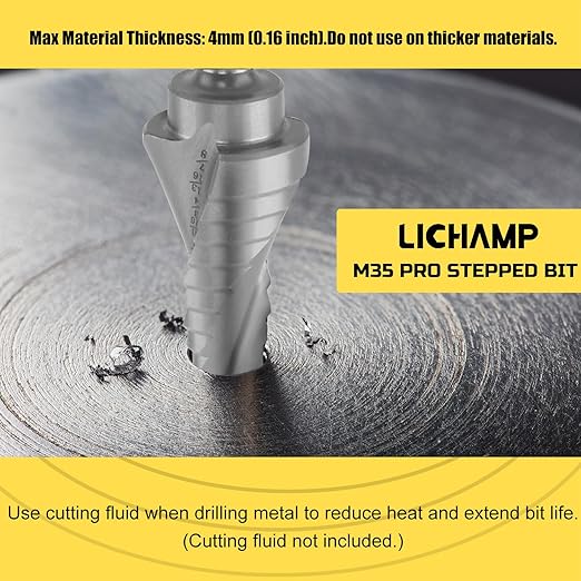 Lichamp Unibit Step Drill Bit for Metal, Genuine HSS M35 Drill Stepper Bit for Hard Metal Heavy Duty, 12 Sizes from 3/16" to 7/8", Spiral Grooved with 1/4" Quick Change Drive, C4SL
