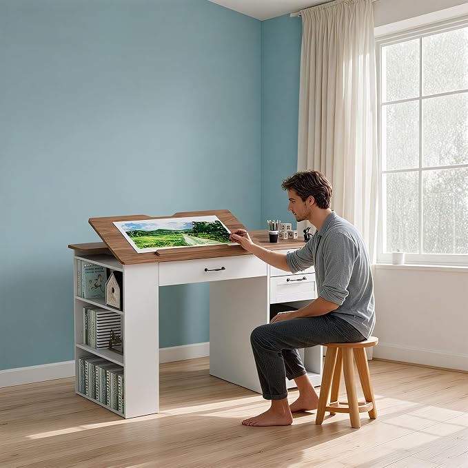 Drafting Table with Storage Cabinet & Drawers, Adjustable Drawing Desk with - Image 9
