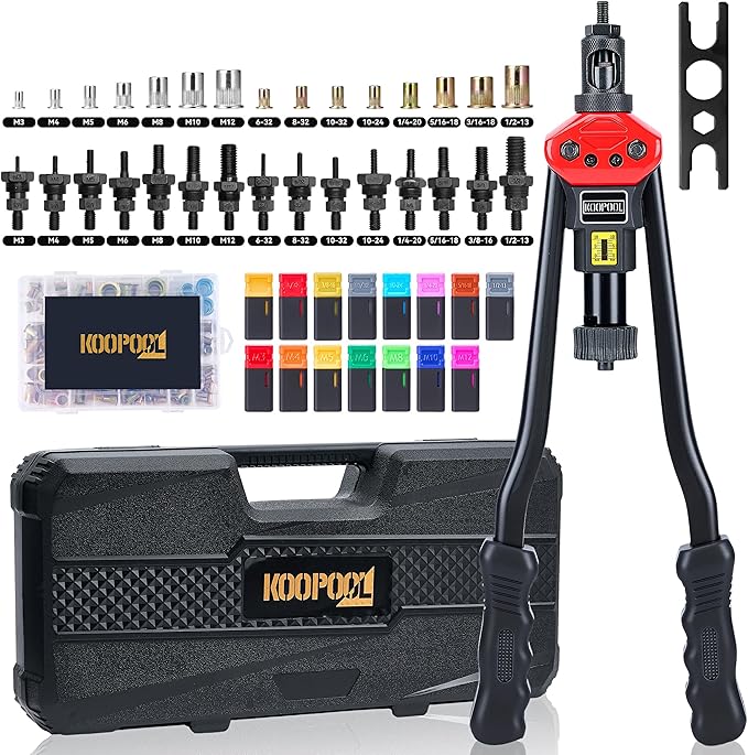 16" Rivet Nut Tool Kit with 15 Metric & SAE Mandrels and 170pcs Rivet Nuts,Visible Stroke, Quick-Change Rivet Nut Tool with Carrying Case (16" Rivet Nut Tool Kit)