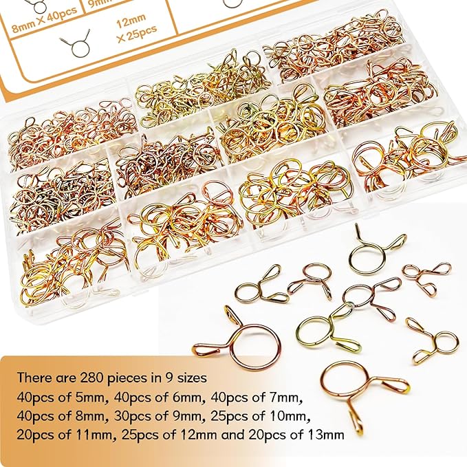 335Pcs 5-13mm Spring Hose Clamps Silicone Vacuum Hose With 9 Sizes Spring Belt Action Water Pipe Clamp Low Pressure Air Clamp Sorting Kit DD007