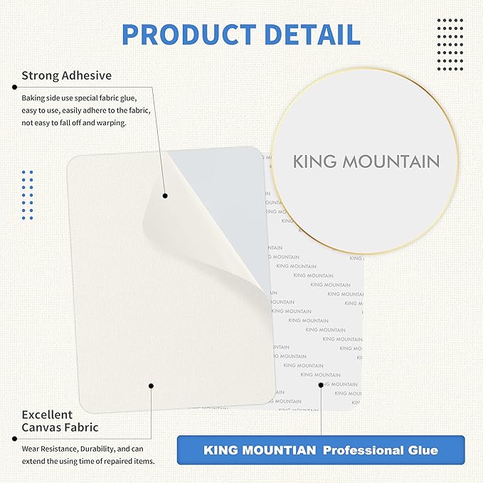 KING MOUNTAIN Canvas Repair Patch 9 x11 Inch 2 Pcs Self-Adhesive Waterproof Fabric Patch for Sofas, Tents, Furniture,Tote Bags, Car Seats (Off White)