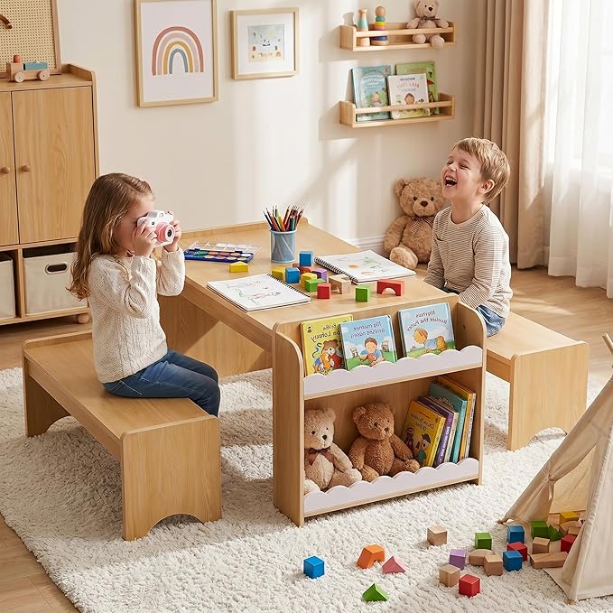 Kids Table and Bench Set, Montessori Kids Table and Chair Set, Indoor Wooden by Callales