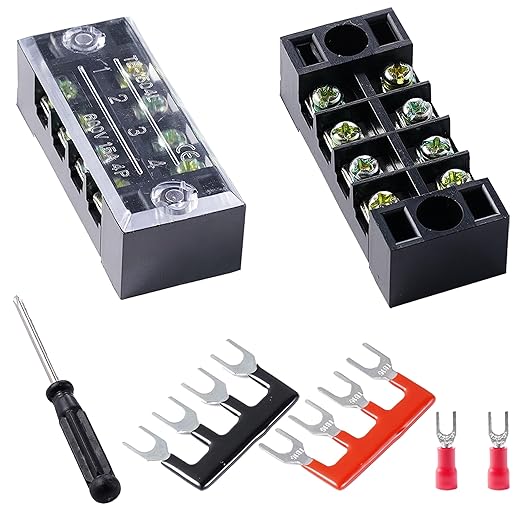 Terminal Block (2 Sets) 2Pcs 4 Positions Dual Row 600V 15A Screw Terminal Strip Blocks with Cover&2Pcs Pre-Insulated Barrier Termina Block Strip& 8Pcs Insulated Fork Wire Connector